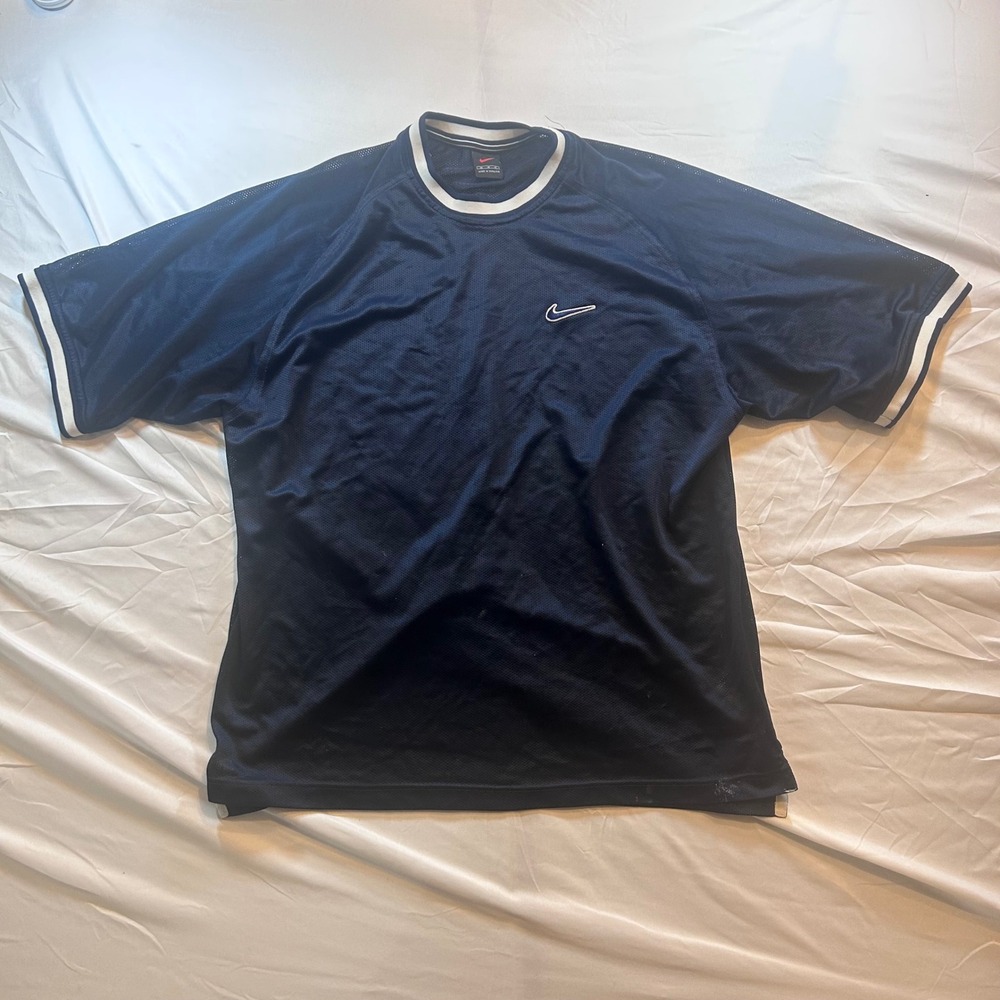 Vintage Nike Mesh Jersey Shirt Mens Medium Navy Blue Embroidered Swoosh Raglan